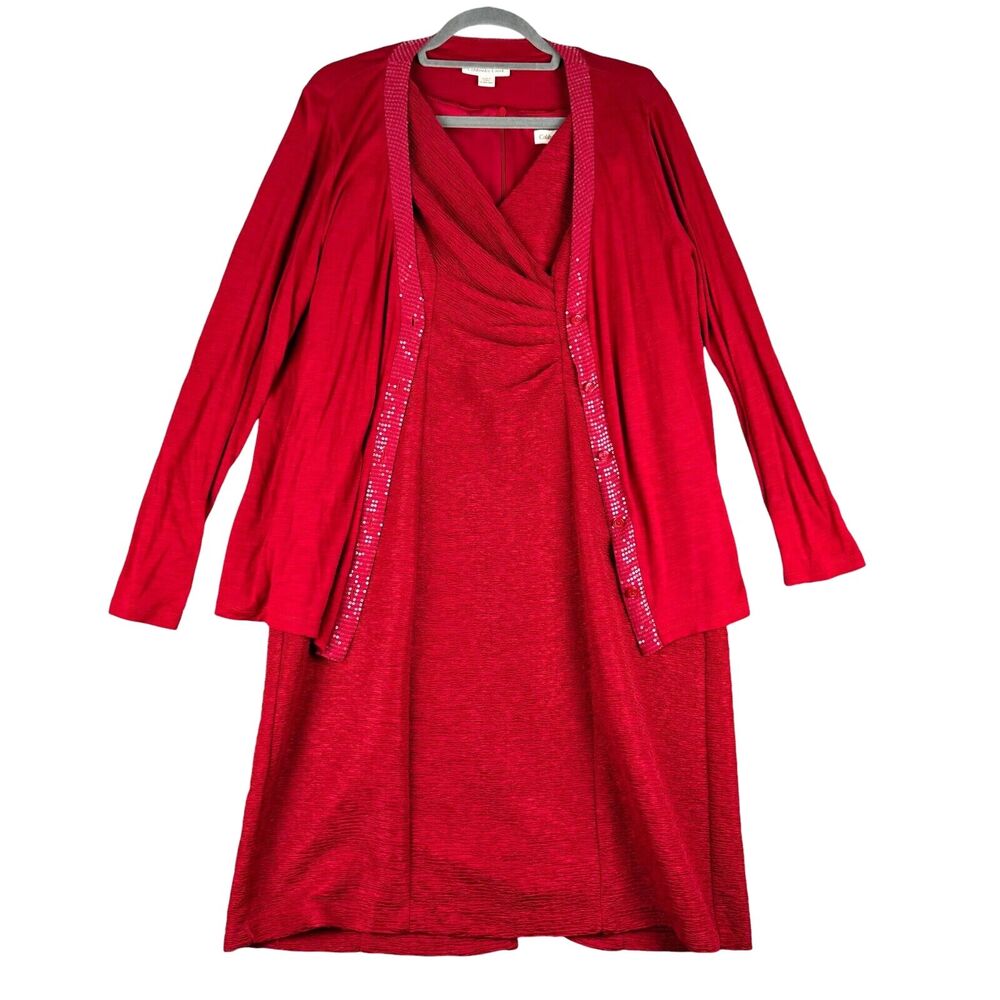 Coldwater Creek Dress w/ Cardigan Women's Large 14-16 Red Set Long Sleeve Career